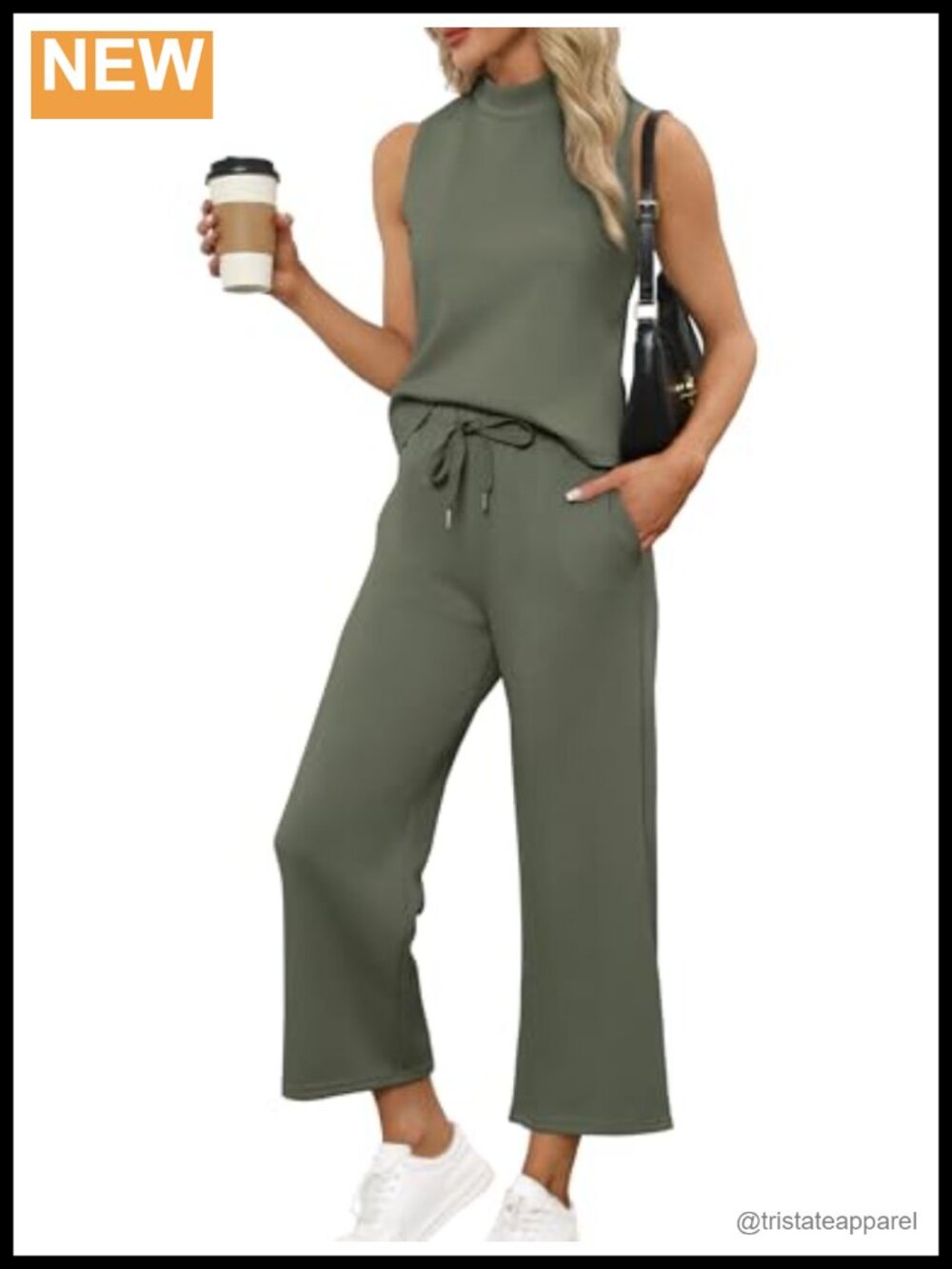 Two-Piece Lounge Set Sleeveless Mock Neck Top Wide Leg Crop Pants
